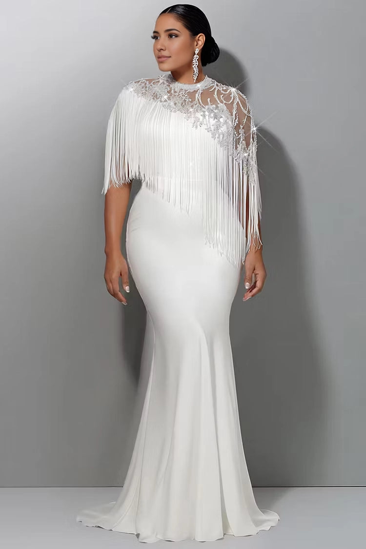 RoselleDress plus size evening dress white satin mermaid gown high neck lace beaded fringe cape sweep train formal wedding reception dress