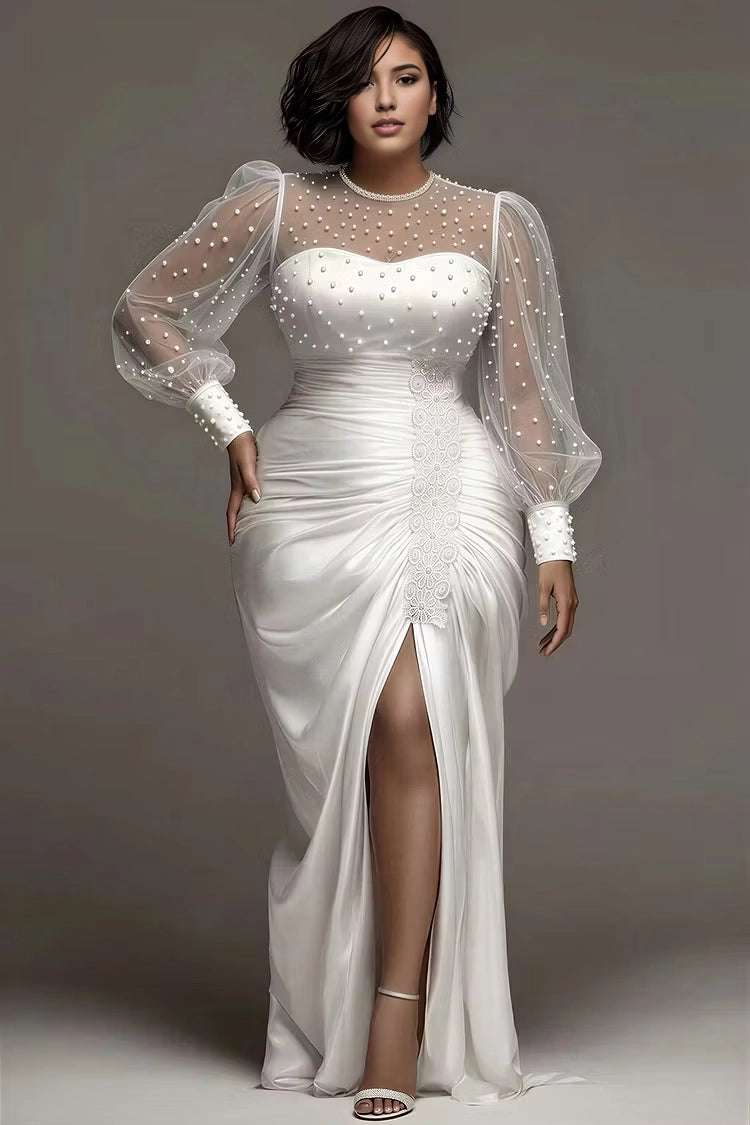 RoselleDress white plus size wedding gown pearl dotted sheer puff sleeve high neck ruched satin mermaid dress lace trim high slit bridal gown