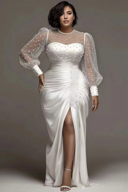 RoselleDress white plus size wedding gown pearl dotted sheer puff sleeve high neck ruched satin mermaid dress lace trim high slit bridal gown