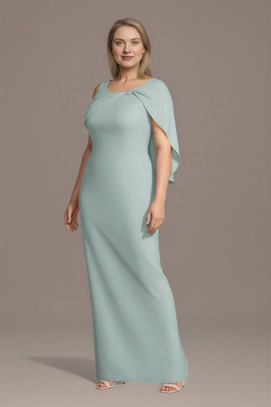 Aqua blue plus size mother of the bride dress with cape sleeves and jeweled brooch