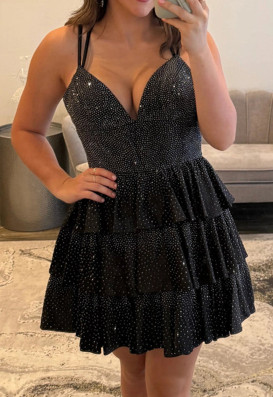 Black sparkly rhinestone deep V spaghetti strap tiered short homecoming dress front view