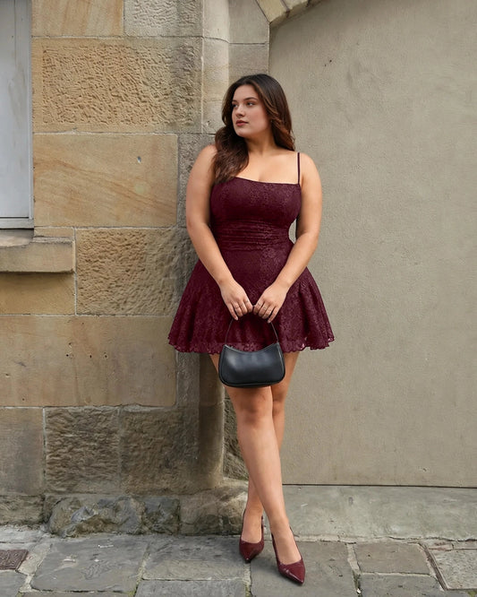 Burgundy plus size lace homecoming dress with square neck, ruched waist and ruffled hem
