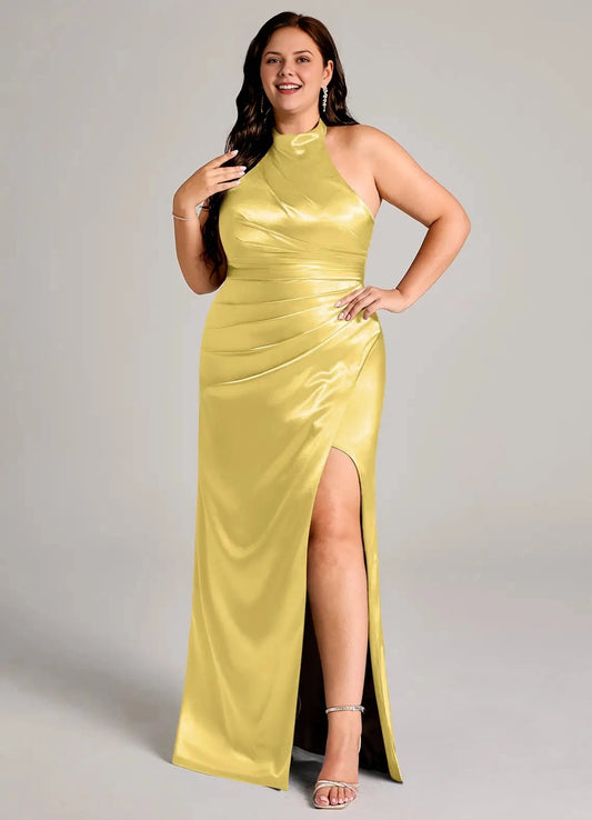 Butter yellow plus size high neck halter draped ruched high slit long satin evening dress front view