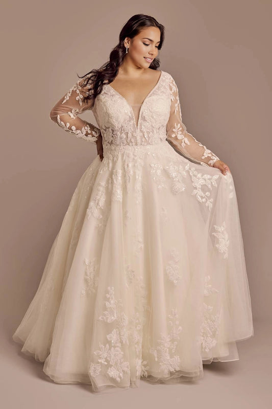 Champagne plus size A-line wedding dress with plunging illusion V-neckline, floral lace bodice, sheer long sleeves and layered tulle skirt