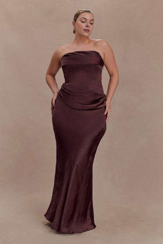 Chocolate brown plus size strapless draped neckline wrapped ruched mermaid long textured satin bridesmaid dress front view