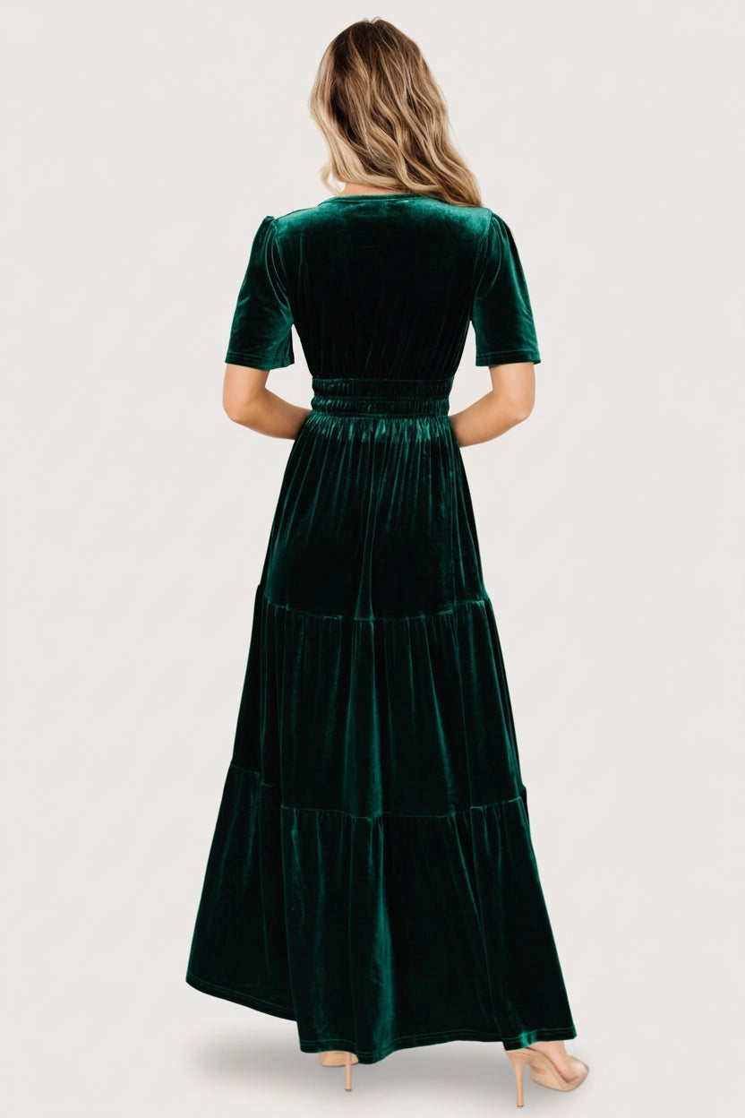 Back view Roselledress emerald velvet bridesmaid dress smocked elastic back tiered long formal party dress
