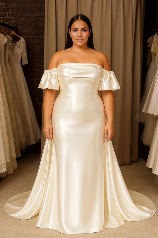 Ivory plus size mermaid wedding dress with draped straight neckline, off-shoulder flutter sleeves, fitted satin-look bodice and flared skirt