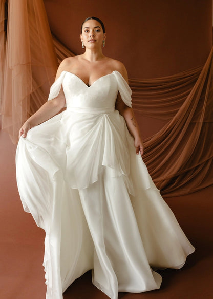 Romantic A-Line Sweetheart Off-Shoulder Button Back Plus Size Wedding Dress