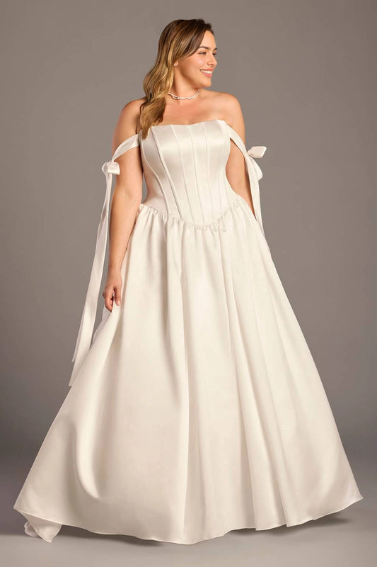 Ivory plus size A-line wedding dress with straight neckline, structured corset bodice, pointed basque waist and off-shoulder bow straps