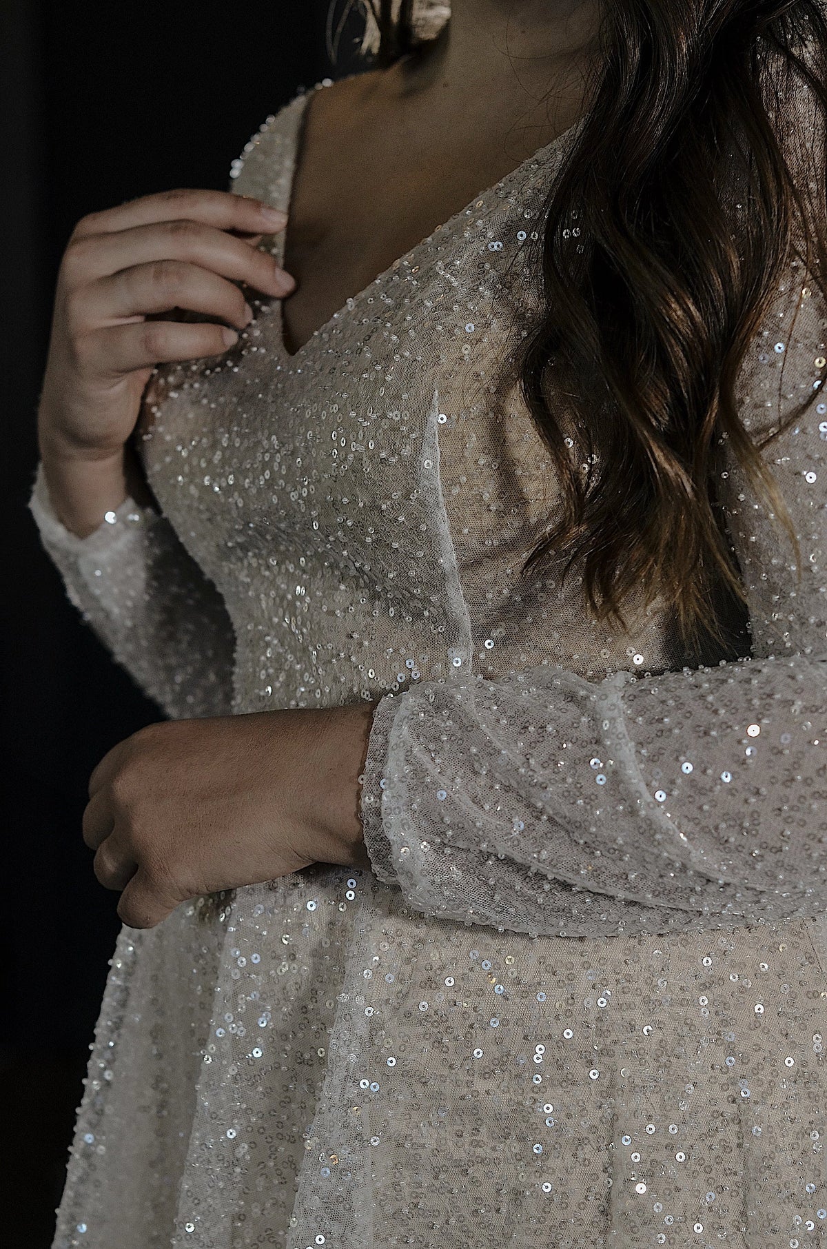 Glamorous A-Line V-Neck Long Sleeve Button Back Plus Size Wedding Dress