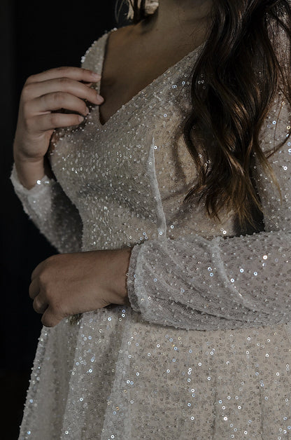 Glamorous A-Line V-Neck Long Sleeve Button Back Plus Size Wedding Dress