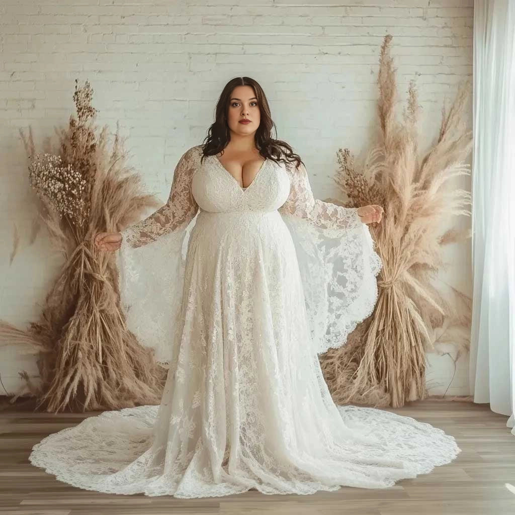 Ivory plus size boho A-line wedding dress with plunging V-neck, floral lace bell sleeves, empire-inspired waist and flowing skirt