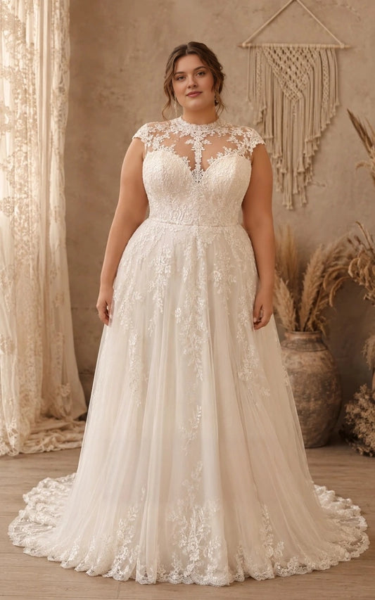 Ivory plus size A-line wedding dress with illusion high neckline, sweetheart bodice, floral lace cap sleeves and flowing tulle skirt