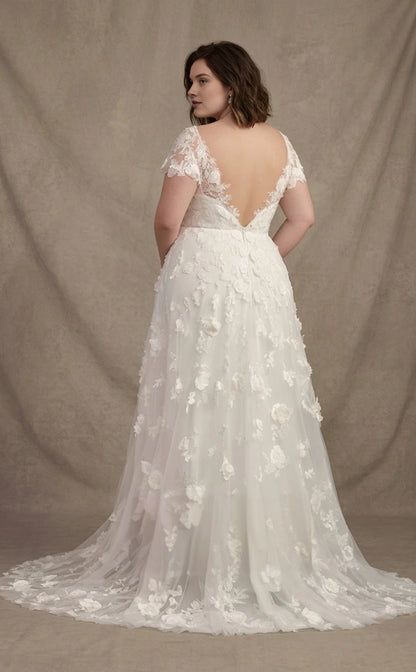 Ivory plus size wedding dress with deep V-back, sheer lace cap sleeves, floral appliques and elegant lace-trimmed train