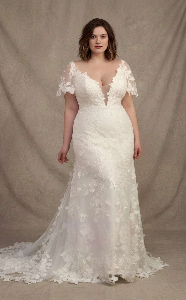 Ivory plus size mermaid wedding dress with plunging V-neckline, floral lace cap sleeves, fitted bodice and flowing tulle skirt