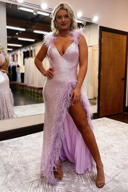 Lavender plus size V-neck sequin mermaid evening dress with feather trim and high slit
