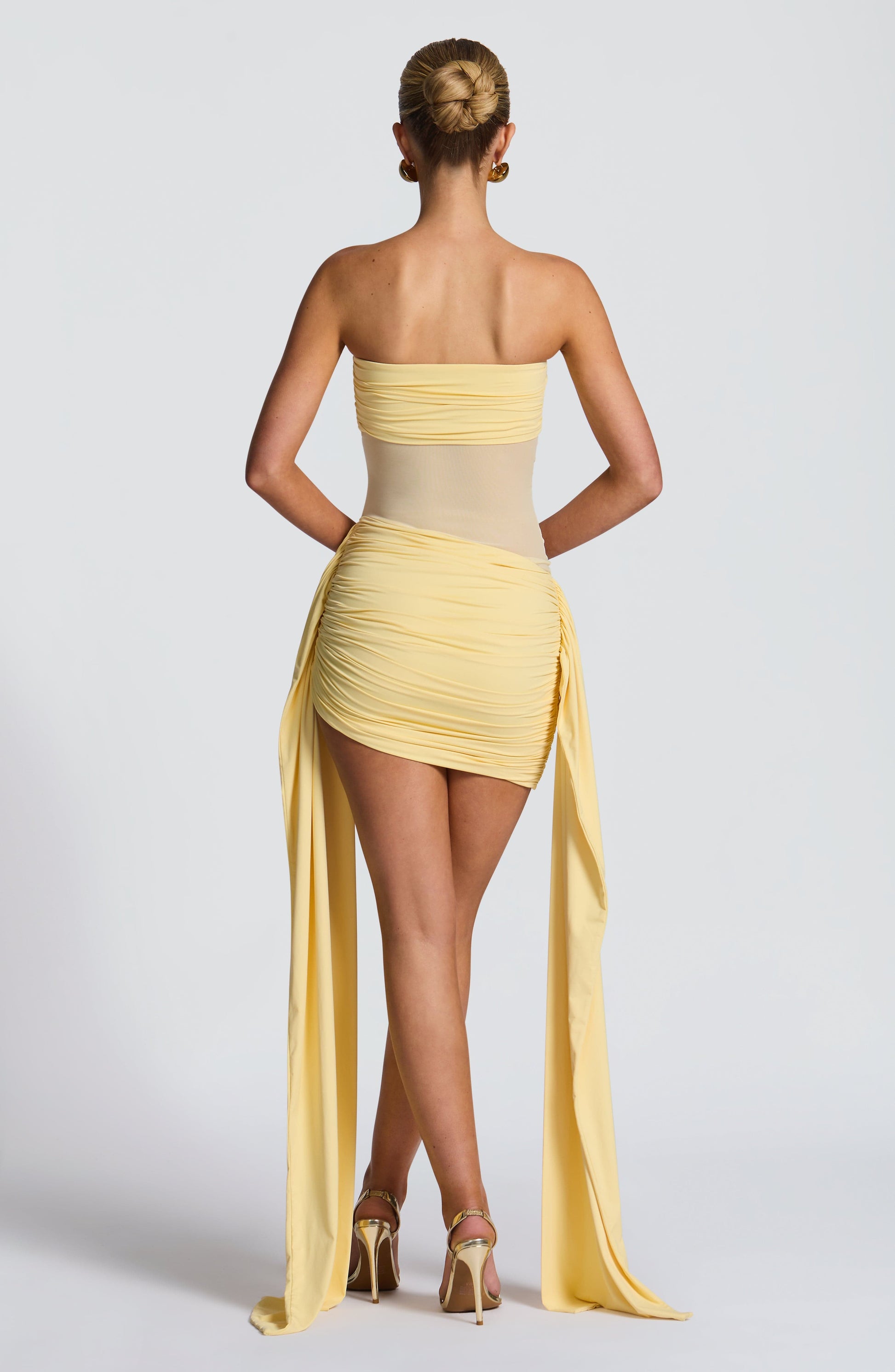 roselledress yellow strapless mesh ruched mini homecoming dress back view