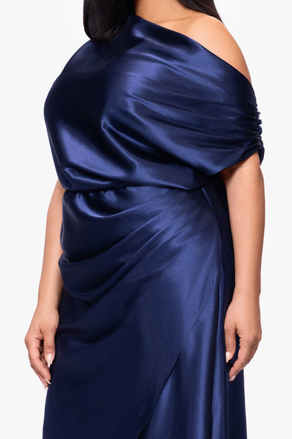 Elegant Sheath Asymmetric Neck Draped Sleeve Ruched Back Plus Size Wedding Guest Dress