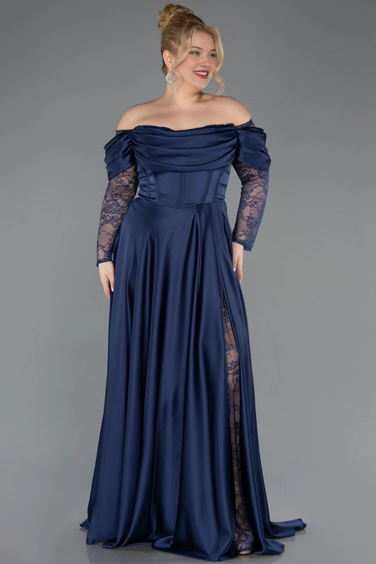 Navy blue plus size A-line wedding guest dress with off-shoulder neckline and lace sleeves