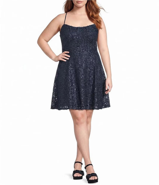 Navy blue plus size sequin lace homecoming dress with square neck and A-line skirt
