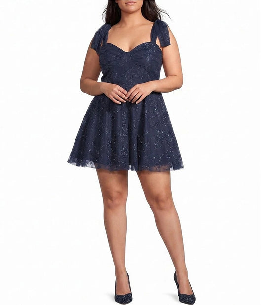 Navy plus size sweetheart glitter tulle homecoming dress with bow tie shoulder straps
