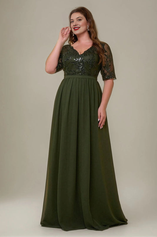 Dark olive green plus size A-line mother of the bride dress with V-neck, sequin embroidered lace bodice and sheer short sleeves