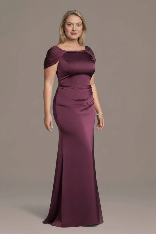 Plum plus size mother of the bride dress with square neckline and short sleeves