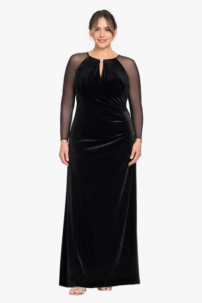 Black plus size velvet wedding guest dress with jeweled keyhole neckline, sheer long sleeves, ruched waist and floor-length sheath skirt by roselledress