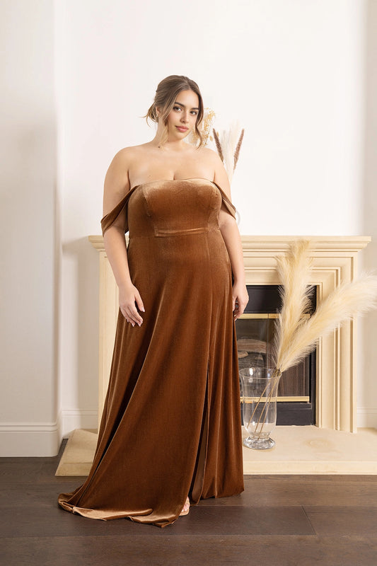 Cinnamon brown plus size velvet bridesmaid dress with straight neckline, off shoulder sleeves and flowing A-line floor-length skirt by roselledress
