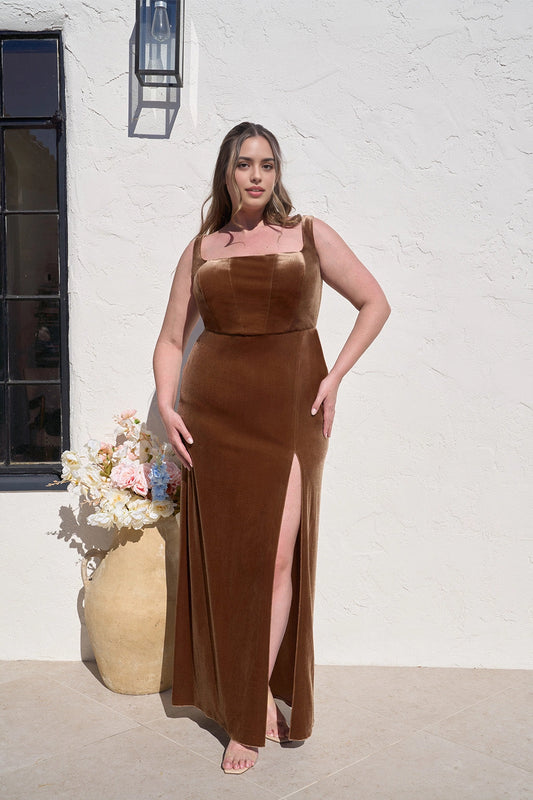 Plus size chocolate brown velvet-look wedding guest dress with square neckline, wide straps, fitted sheath silhouette and front thigh slit by roselledress.