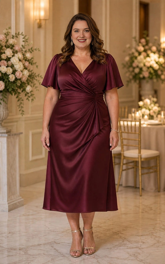 Plus size burgundy satin mother of the bride dress with V-neck wrap bodice, flutter sleeves, ruched waist and A-line midi skirt, front view
