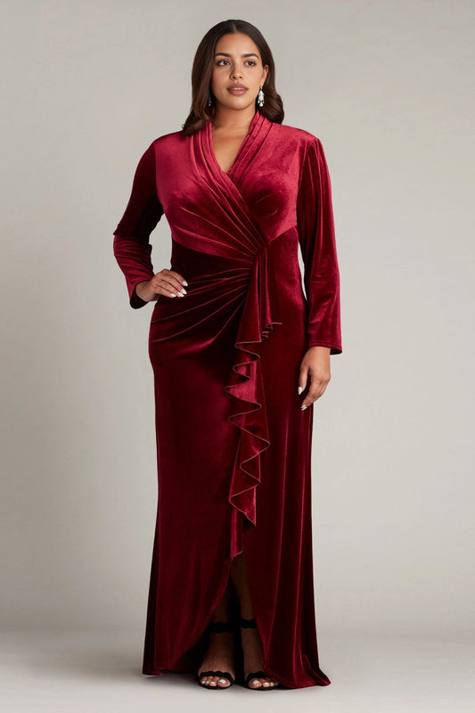 Burgundy plus size velvet wedding guest dress with wrap V-neckline, long sleeves, ruched waist and cascading front ruffle by roselledress