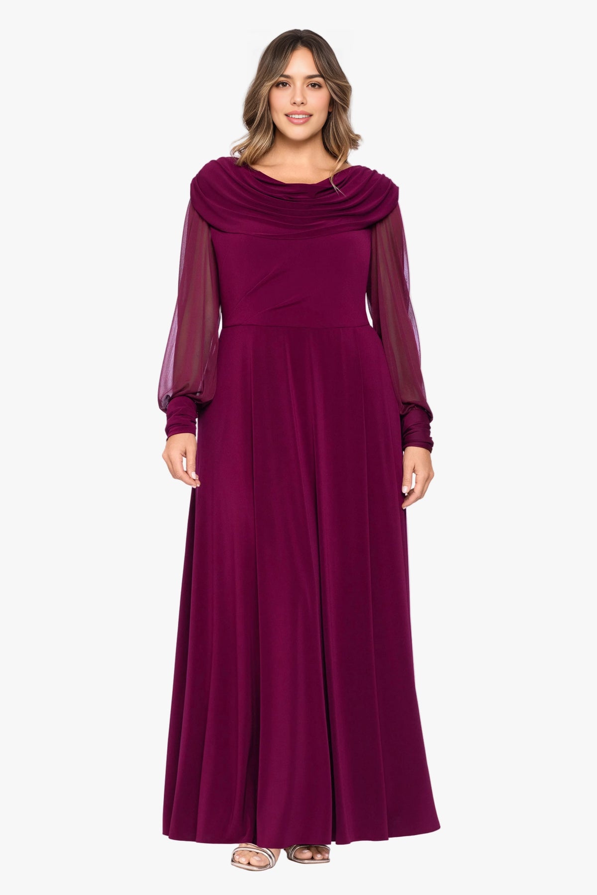 Burgundy plus size mother of the bride dress with draped cowl neckline, sheer bishop sleeves, fitted waist and flowing A-line maxi skirt by roselledress