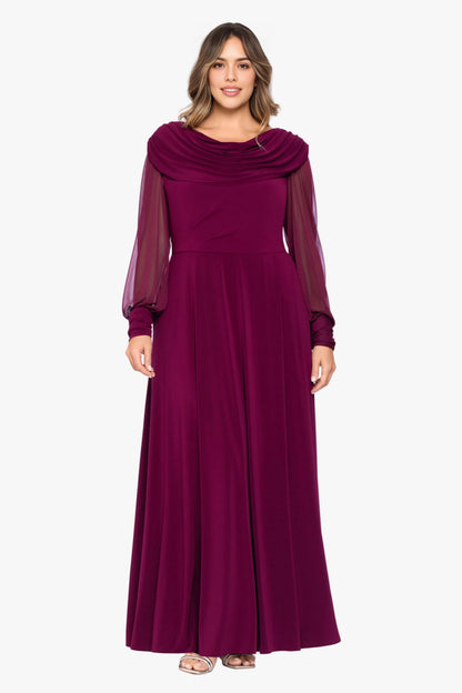 Burgundy plus size mother of the bride dress with draped cowl neckline, sheer bishop sleeves, fitted waist and flowing A-line maxi skirt by roselledress