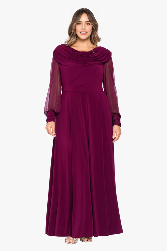 Burgundy plus size mother of the bride dress with draped cowl neckline, sheer bishop sleeves, fitted waist and flowing A-line maxi skirt by roselledress