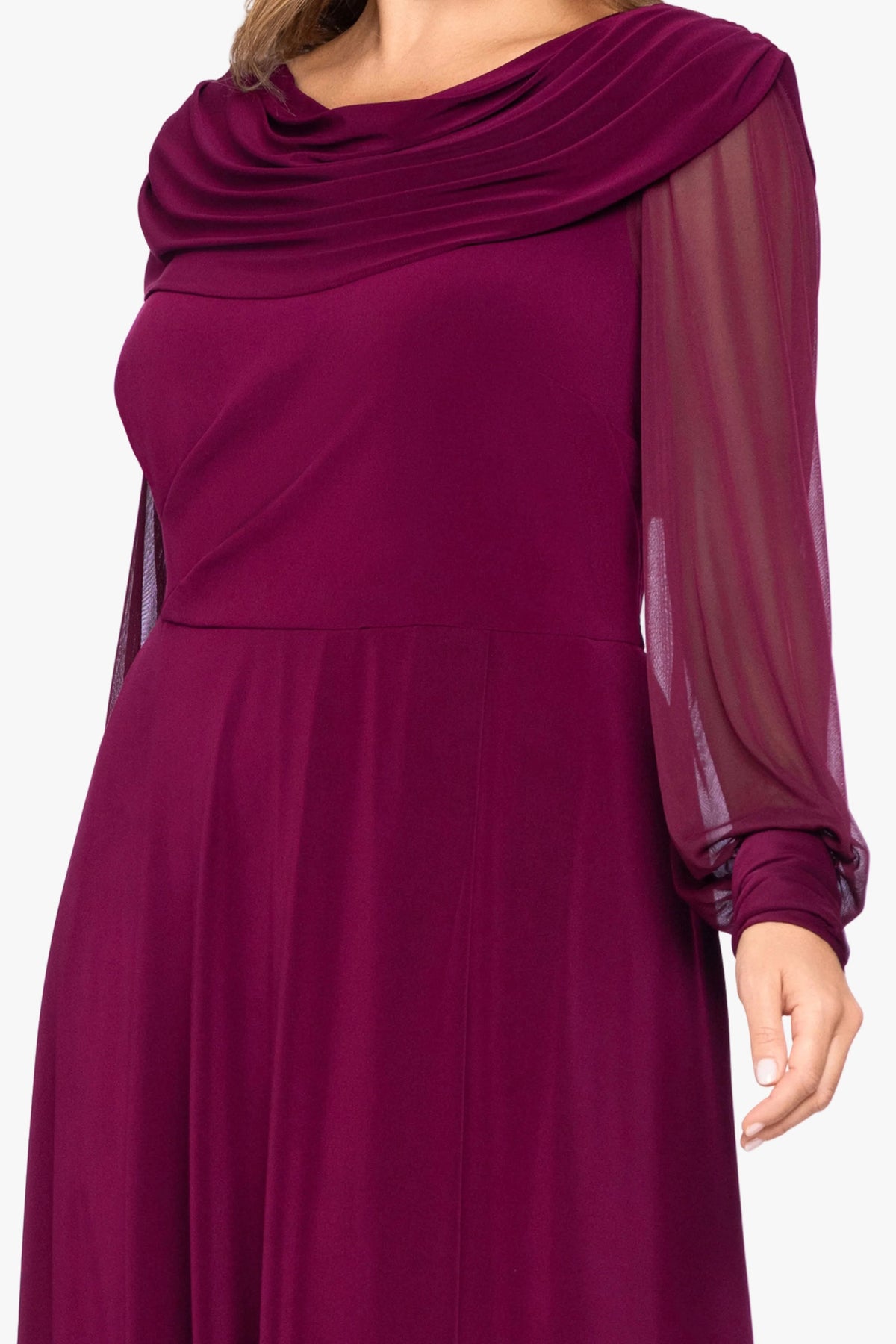 Plus Size Elegant A-Line Cowl Neck Sheer Sleeve Draped Back Maxi Mother of the Bride Dress