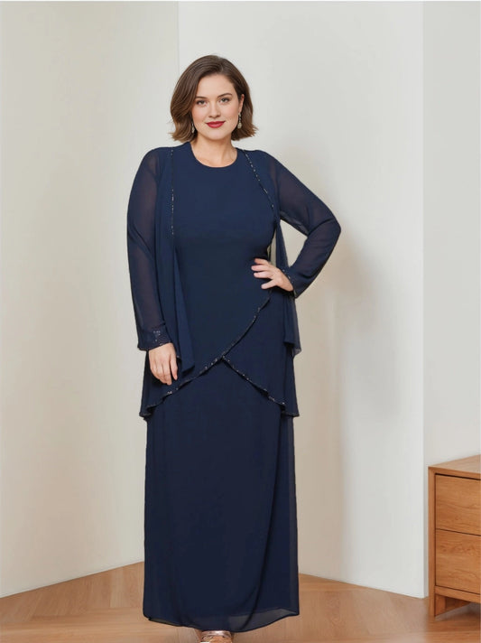 Plus size navy chiffon mother of the bride dress with matching jacket, beaded trim edges, round neck and flowing floor length skirt, front view
