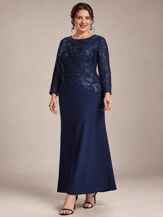 Plus size navy blue sequin lace mother of the bride dress with round neck, sheer long sleeves, fitted bodice and long fitted skirt, front view
