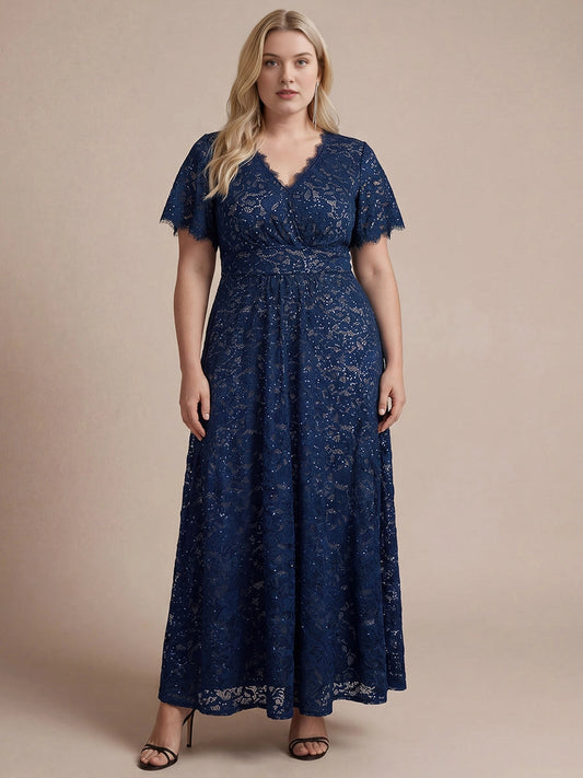 Plus size navy sequin lace mother of the bride dress with V-neck, flutter sleeves, fitted waist and flowing A-line long skirt, front view
