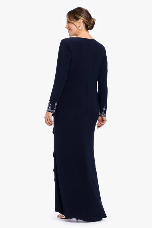 Back view of navy blue plus size mother of the bride dress with closed neckline, center back zipper, long sleeves and floor-length skirt by roselledress