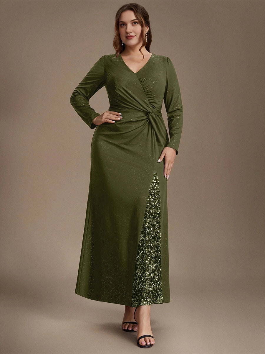 Plus size olive green glitter wedding guest dress with V-neck, long sleeves, twisted waist, front high slit with sequin panel and mermaid floor length skirt, front view
