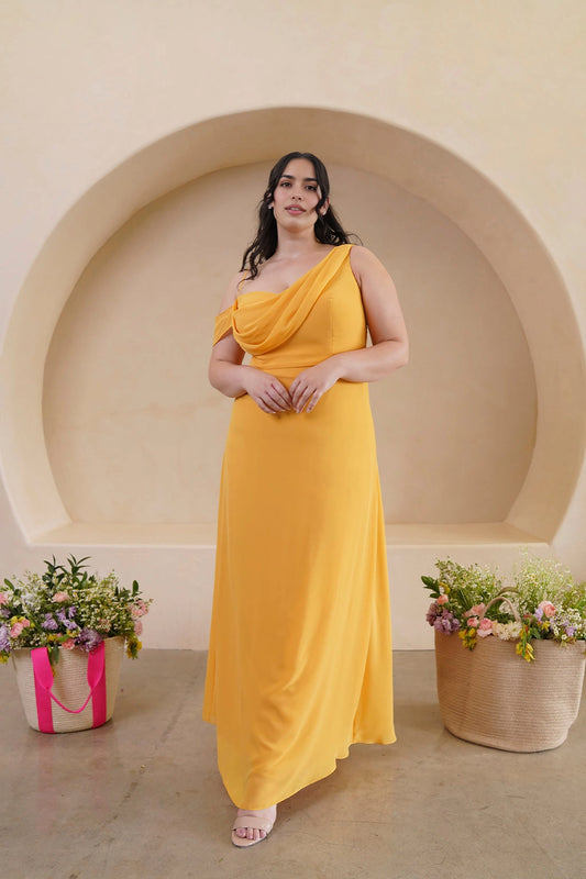 Golden yellow plus size A-line bridesmaid dress with draped one shoulder neckline and floor-length skirt by roselledress