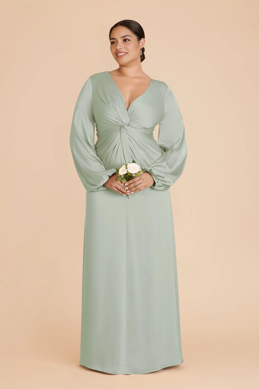 Elegant Plus Size A-Line V-Neck Bishop Sleeve Zipper Back Maxi Bridesmaid Dress