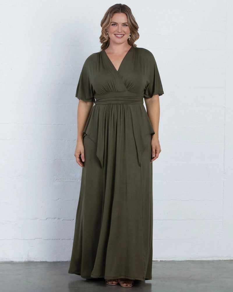 Plus size dark olive green mother of the bride dress with surplice V-neckline, flutter sleeves, ruched empire waist and flowing floor-length A-line skirt.