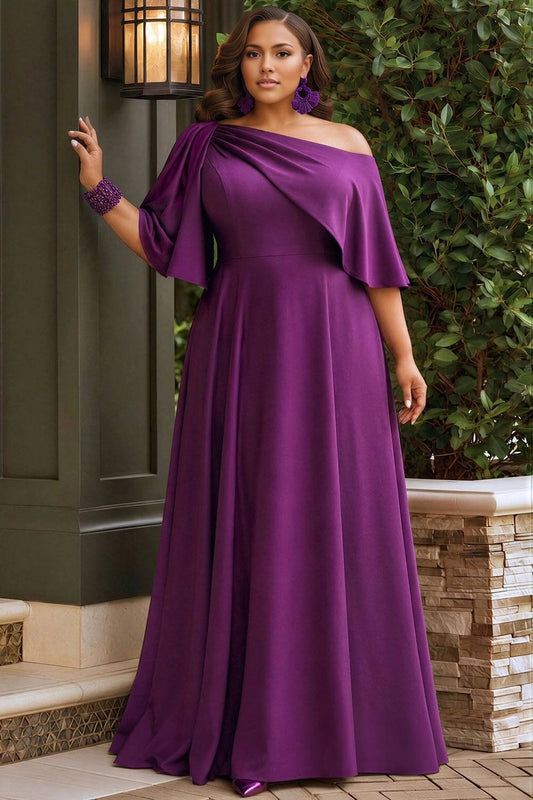 Purple plus size mother of the bride dress with asymmetric one-shoulder neckline, draped flutter sleeves, fitted waist and floor-length A-line skirt