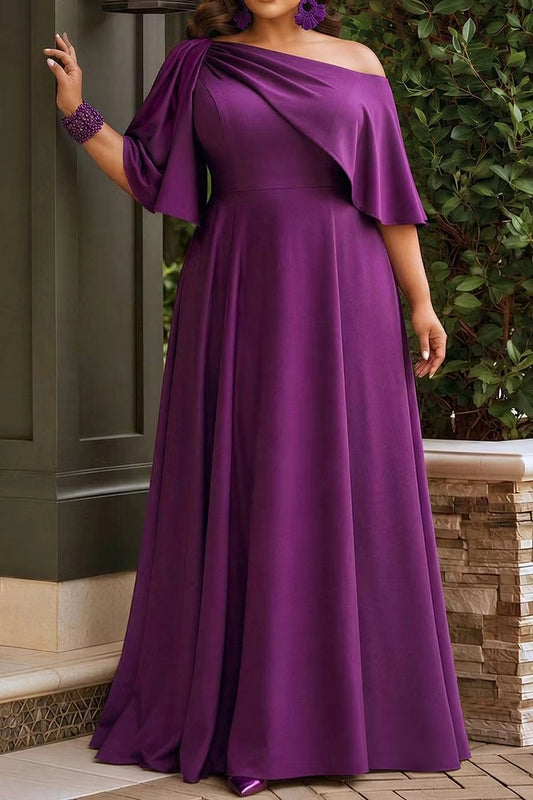 Purple plus size mother of the bride dress with asymmetric draped back, flutter sleeves, defined waist and flowing floor-length skirt