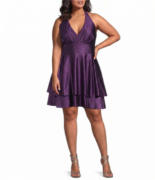 Purple plus size halter V-neck glitter homecoming dress with double-tier ruffle A-line skirt
