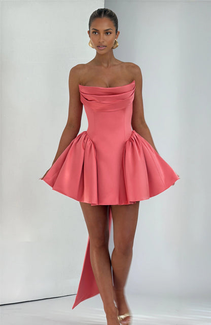 Satin A Line Strapless Sleeveless Lace Up Back Mini hocming dress