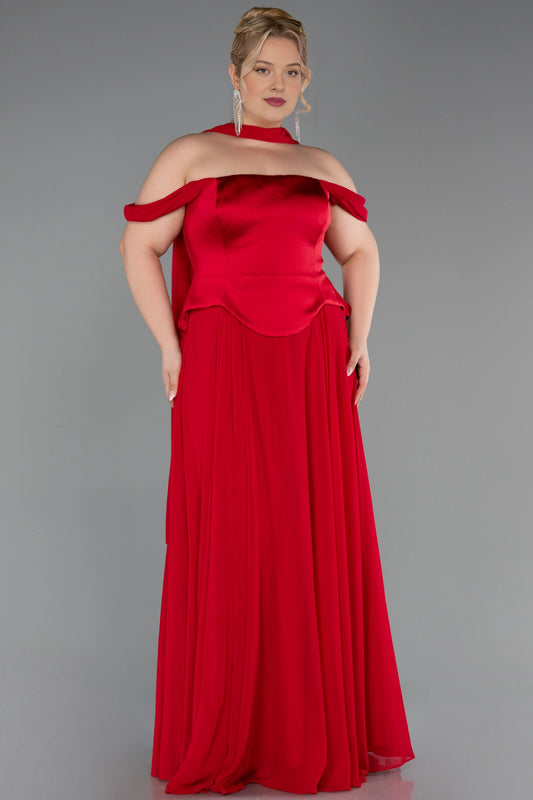 Red plus size A-line wedding guest dress with off-shoulder sleeves and floor-length skirt