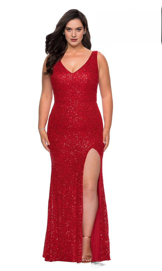 Red plus size V-neck sequin evening dress with fitted long sheath skirt and high slit

